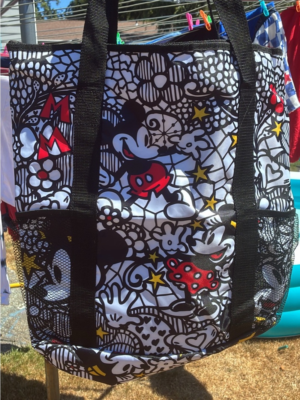 Black & White Cartoon-Print Tote Bag with Red Accents